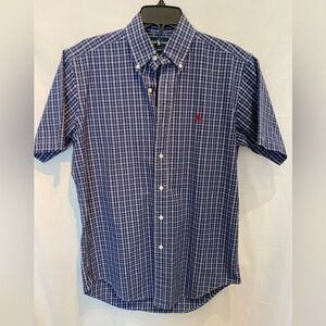 Ralph Lauren Polo Shirt Mens Large Blue Plaid Short Sleeve Classic Fit Button Up